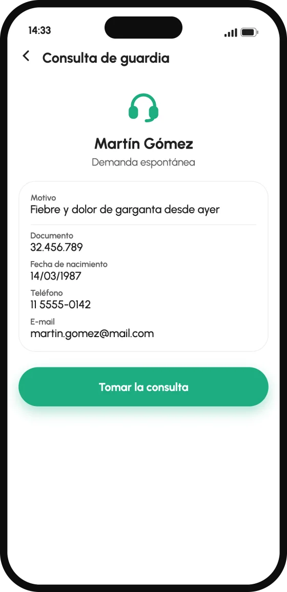 Consulta entrante con los datos del paciente en la app de Medicloud