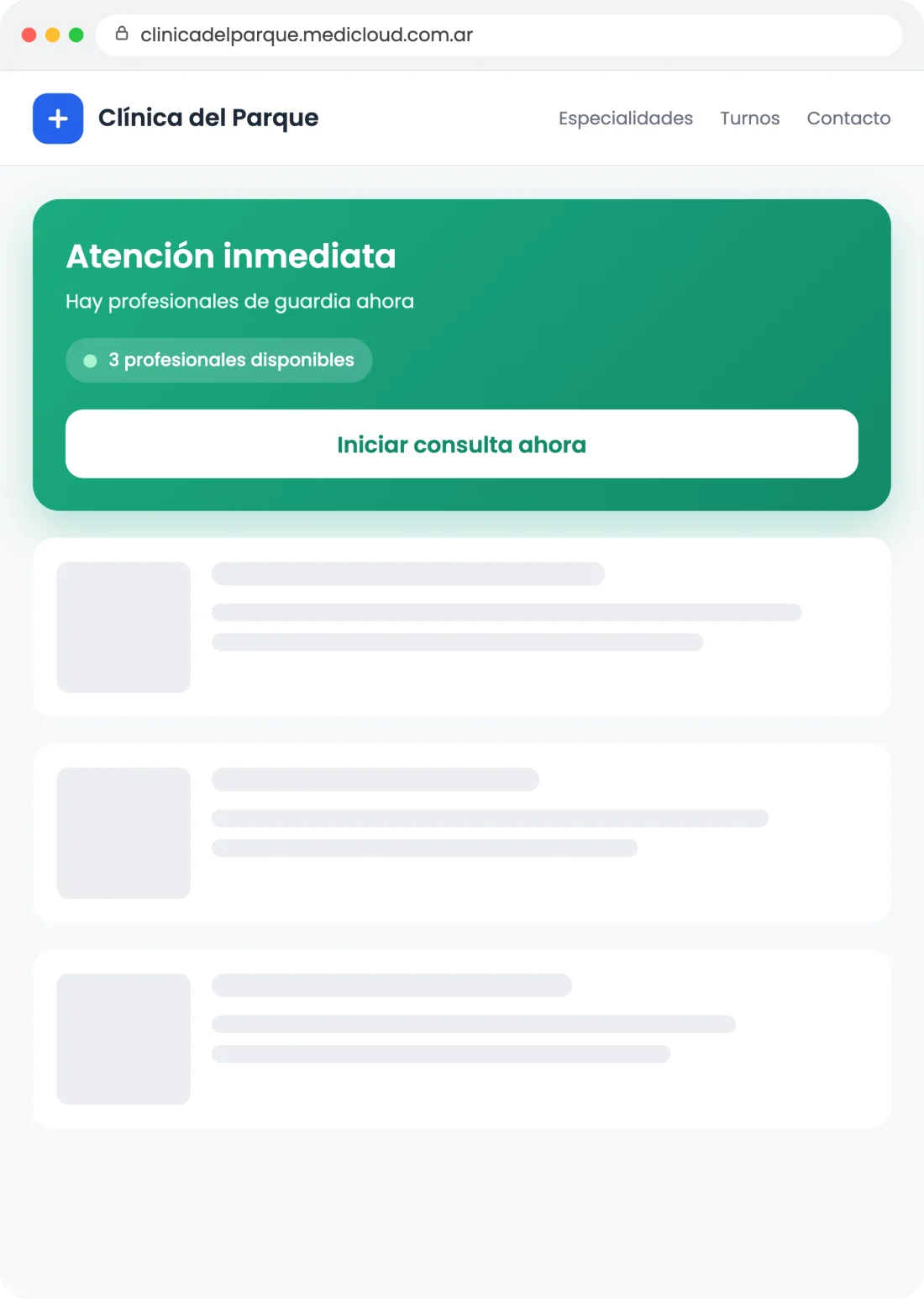 Micrositio del centro en Medicloud ofreciendo atención inmediata con profesionales disponibles