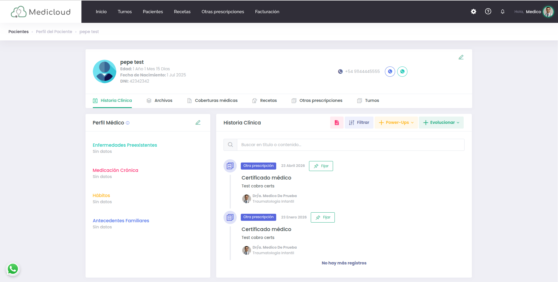 Historia clínica y perfil del paciente en Medicloud Historia clínica y perfil del paciente en Medicloud