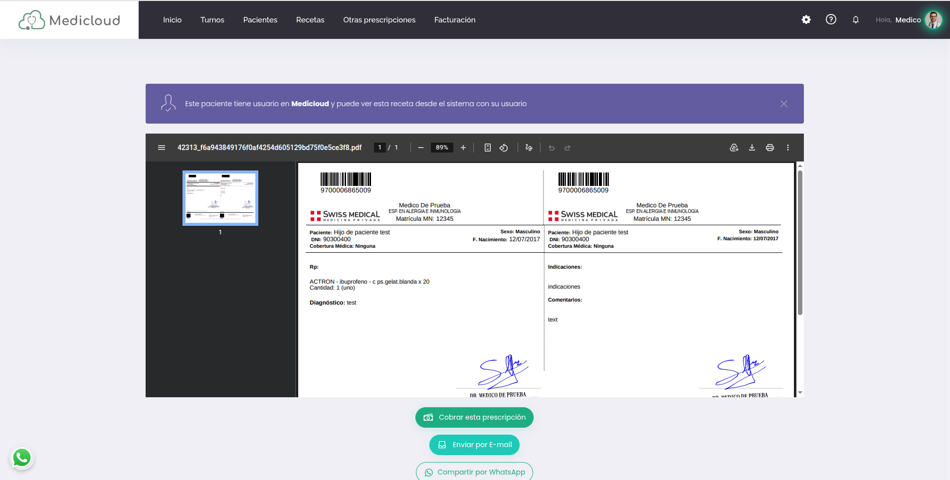 Receta electrónica emitida en Medicloud, lista para la farmacia Receta electrónica emitida en Medicloud, lista para la farmacia