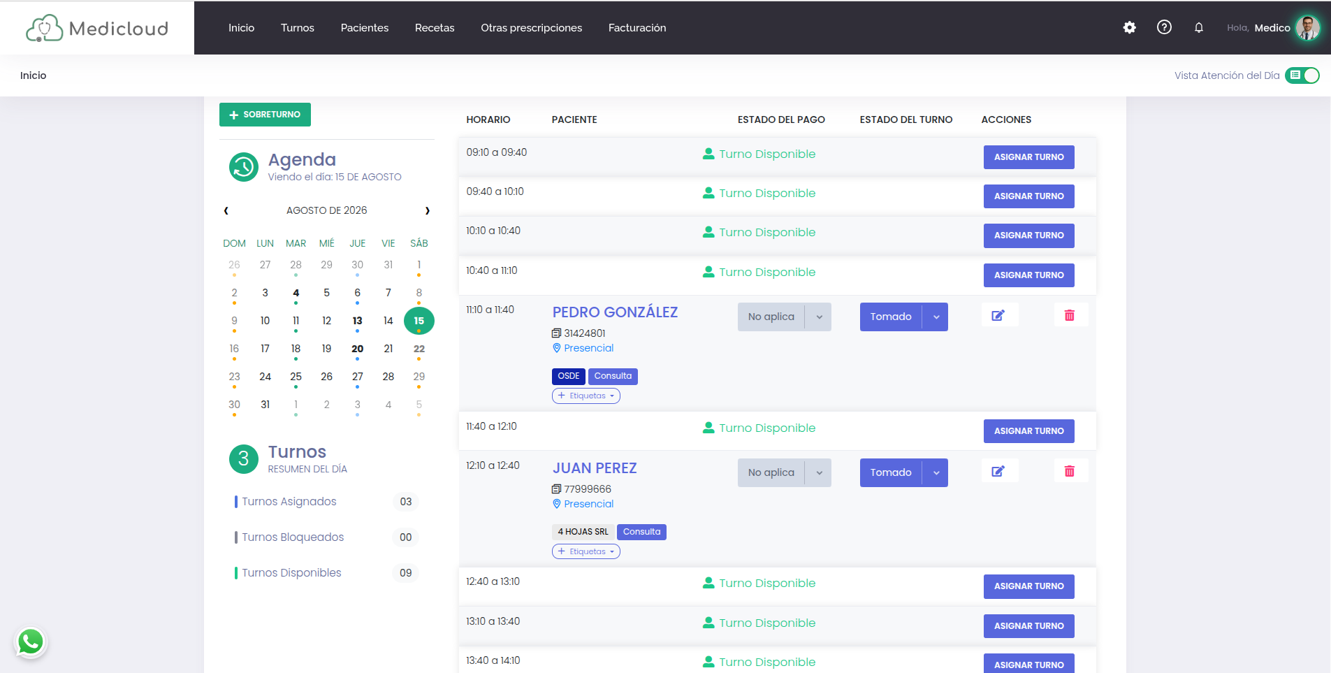 Vista de atención del día con la agenda de turnos de Medicloud Vista de atención del día con la agenda de turnos de Medicloud